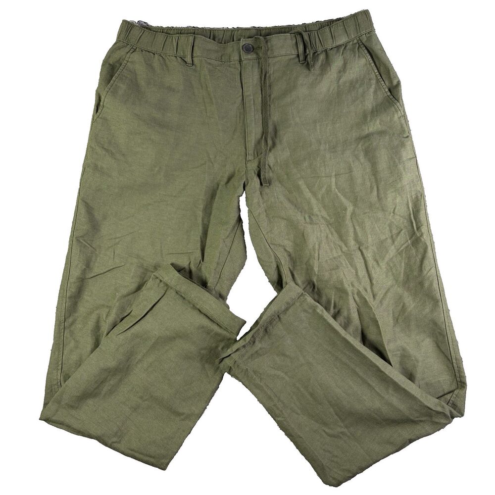 Uniqlo Linen Blend Pants Mens XL (36-39 Inch Waist) Green Drawstring Summer Work